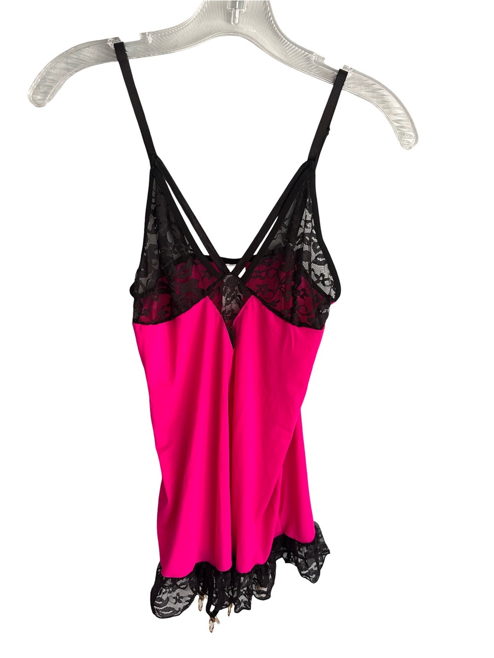 NWT Baci Lace-Trim Satin Chemise in Hot Pink & Black with Garters Small/Medium
